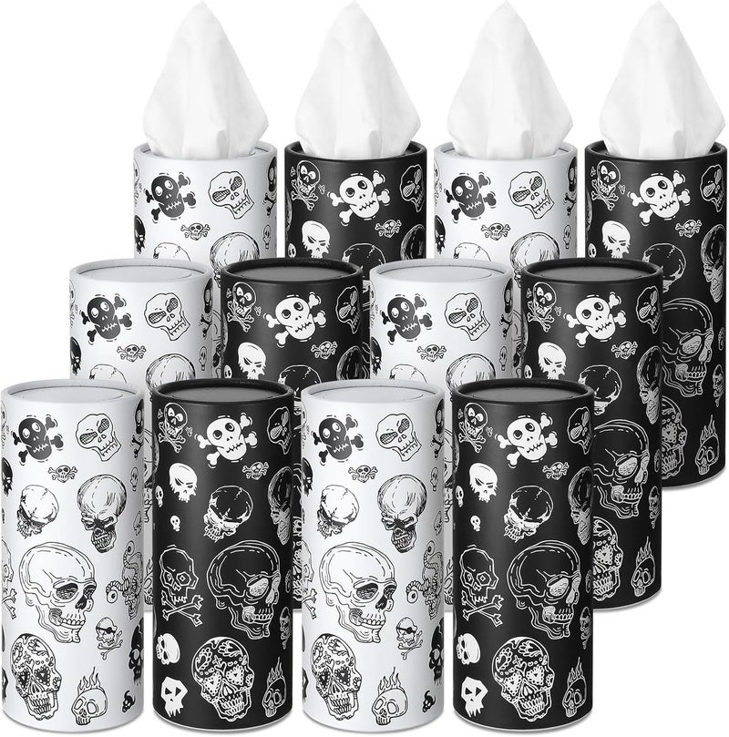 Fourluoo 12 Pack Skull Cylinder Tissues for Car Bulk Gothic Skeleton Round Cylinder Holder with 3 Ply Facial Tissues for Travel Home Bathroom Office Accessories - Image 1